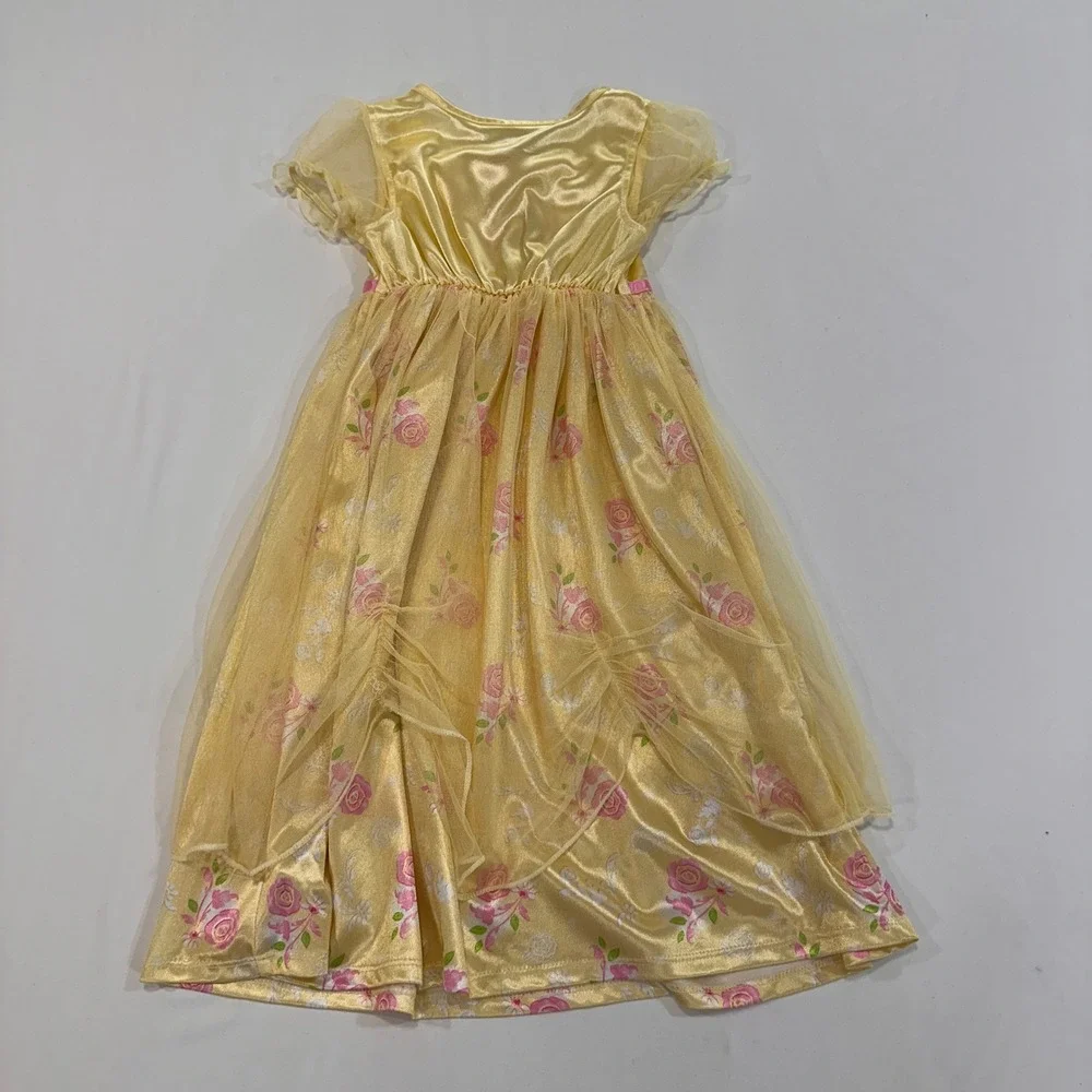 Disney Princess Belle Nightgown Kids 4T Yellow Floral Mesh Overlay Princesscore - Picture 3 of 6